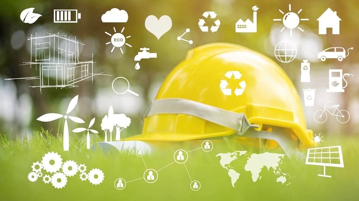 Yellow helmet on green with ecological icon Optical LAN delivers tangible benefits to Green, Sustainability and Net Zero initiatives