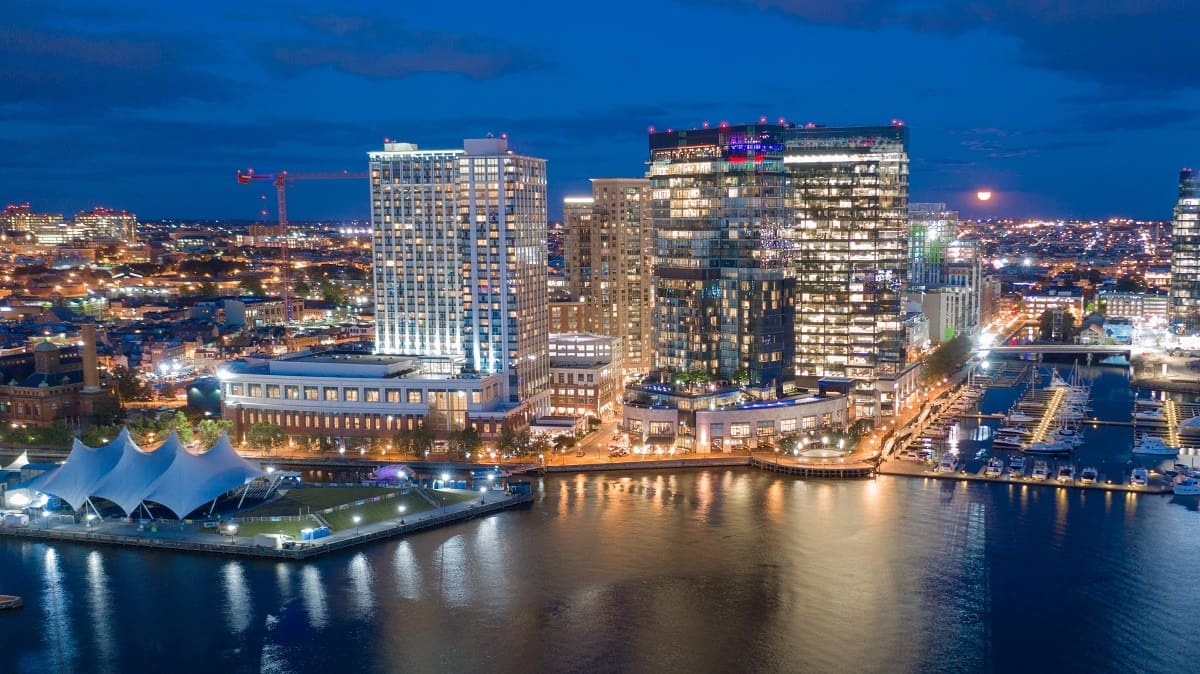 Aerial View Over Baltimore Downtown City Skyline Inner Harbor Join Tellabs at TechNet Cyber 2023 on May 2nd through 4th at the Baltimore Convention Center